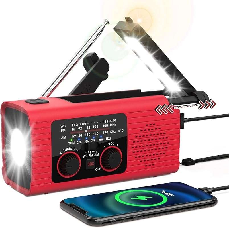 4000mAh NOAA Weather Alert Radio: Solar, Crank, USB, AM/FM, LED Flashl