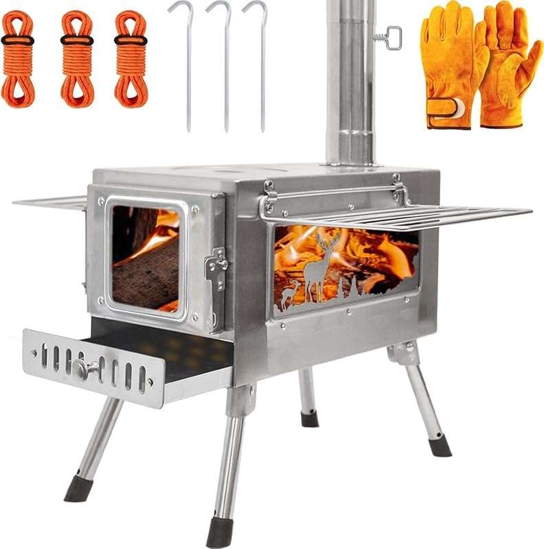 Portable Outdoor Wood Burning Stove with Chimney Pipe for Camping, Hik