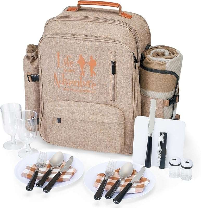 24L Light Brown Insulated Picnic Backpack for 2, Leak-Proof Picnic Bas