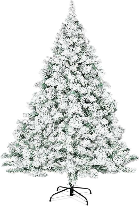 Outroad 6ft White Snow Flocked Christmas Tree: 800 Tips, Hinged Pine, 