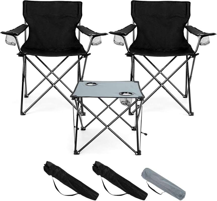 HaSteeL Set of 3 Folding Camping Chairs with Grey Table, Large Portabl