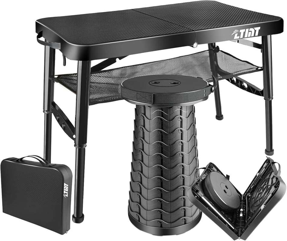 Small Portable Folding Camping Table and Stool Set, Adjustable Height 