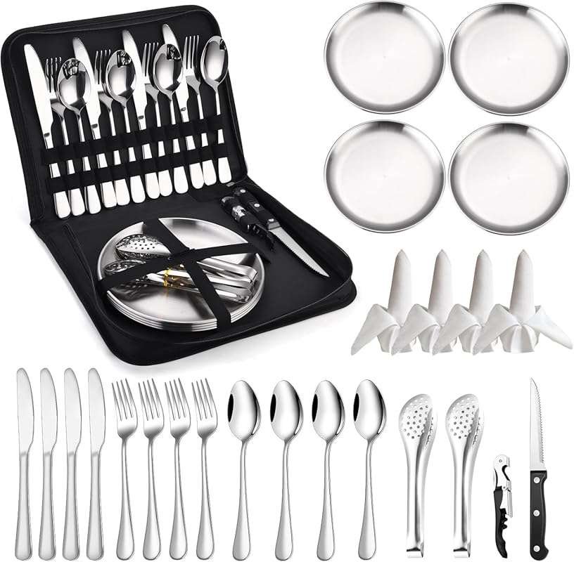 Stainless Steel Camping Silverware Kit: Complete Utensil Picnic Set wi