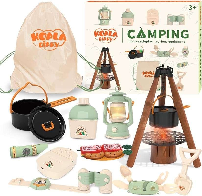 Kids Camping Toys Set - Pretend Play Camping Set with Food Toy, Spray