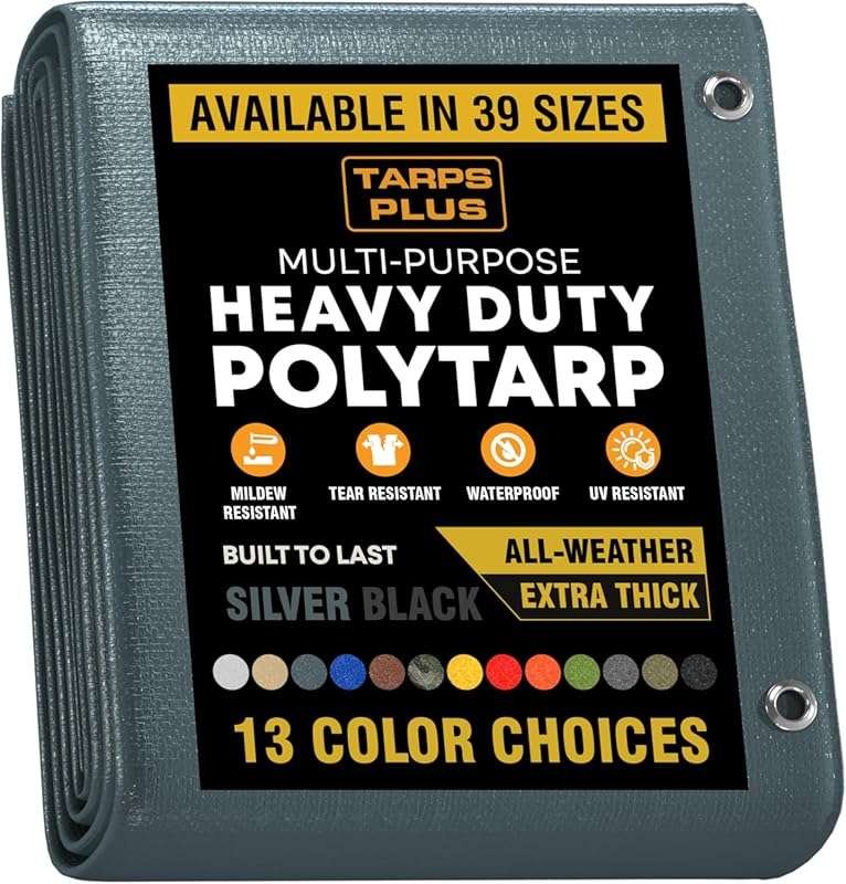Silver/Black Super Heavy Duty Poly Tarp, 8' x 10' Waterproof with Meta