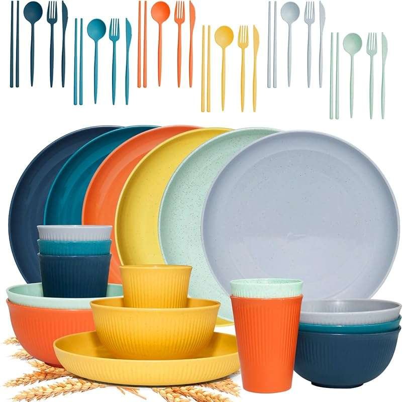42-Piece Wheat Straw Dinnerware Set - Eco-Friendly, Unbreakable Plates
