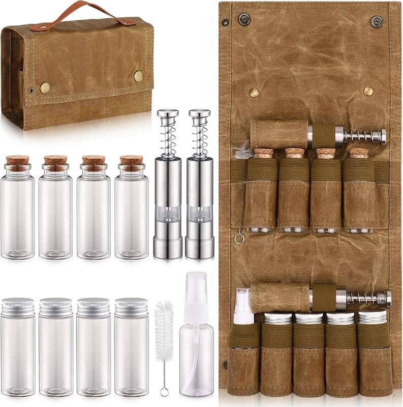 TOBWOLF Camping Spice Kit: Portable 9-Jar & Grinder Set with Storage B