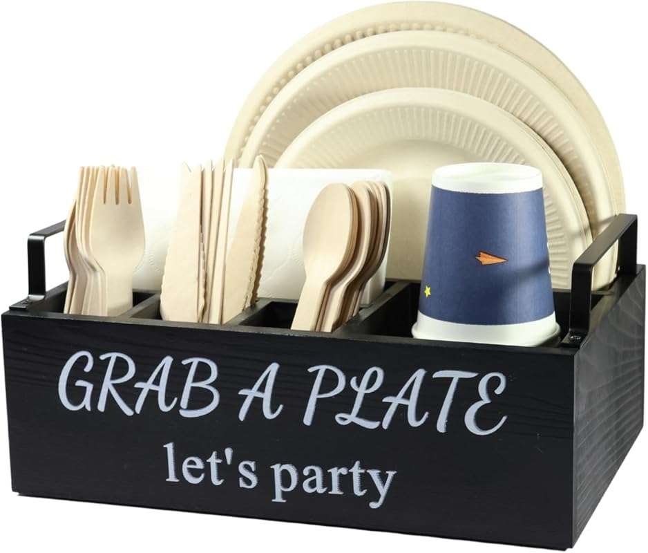 Wooden Paper Plate and Utensil Caddy Organizer with 6 Compartments for