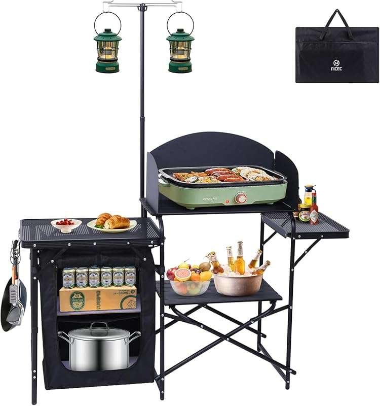 Nice C Upgraded Camping Kitchen Station with Light Stand and Windshiel