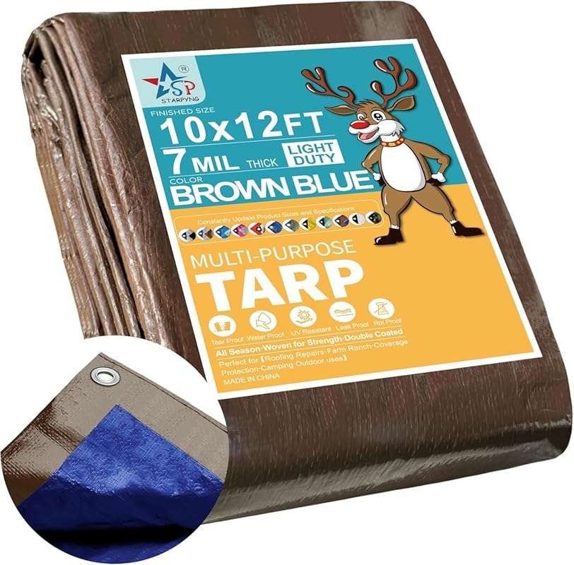 STARPYNG 10x12 ft 7 Mil Brown/Blue Waterproof UV Resistant Tarp
