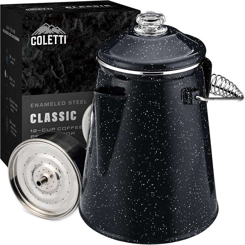COLETTI Classic Modernized 12-Cup Black Enamel Camping Coffee Pot for 