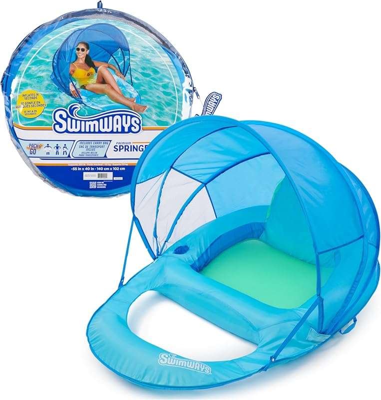 SwimWays Spring Float Premium Recliner with Canopy Pool Lounger for Ad