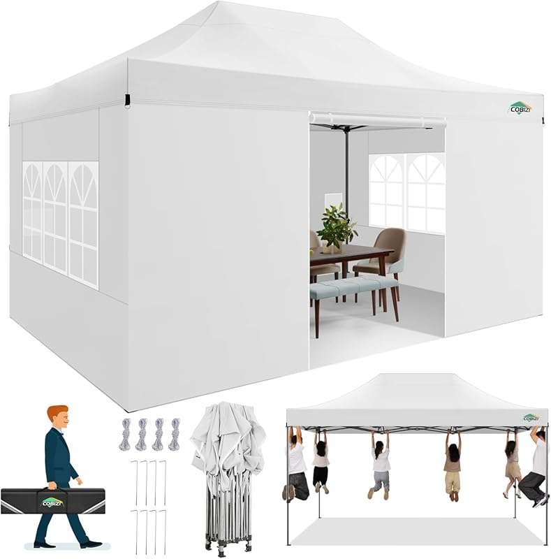 COBIZI 10x15 Heavy Duty Pop Up Gazebo 3.0, White, 4 Removable Sidewall