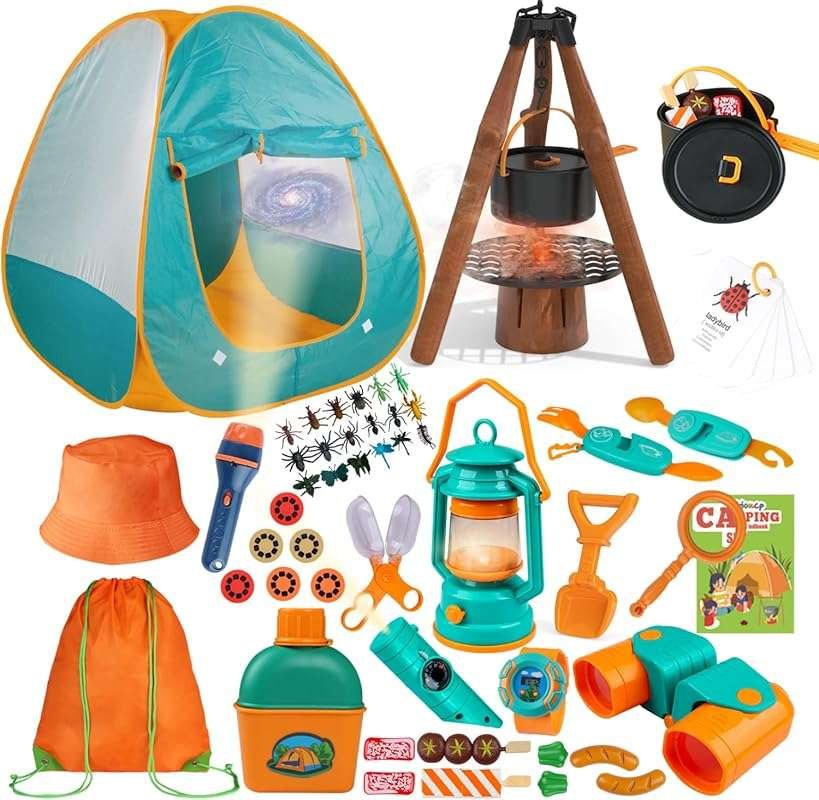 Kids Camping Set 50pcs with Tent & Projector Flashlight for Toddlers