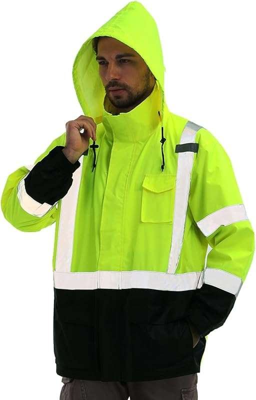 sesafety Hi Vis Waterproof Rain Jacket for Men with Removable Hood & B