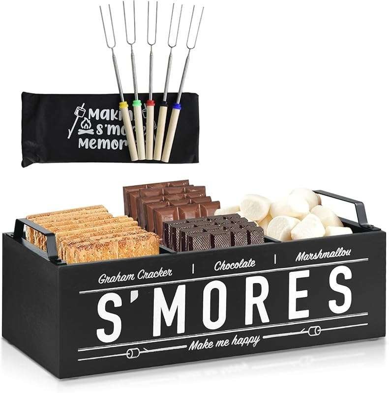 Farmhouse S'mores Caddy with 5 Extendable Roasting Sticks and Wood Mak