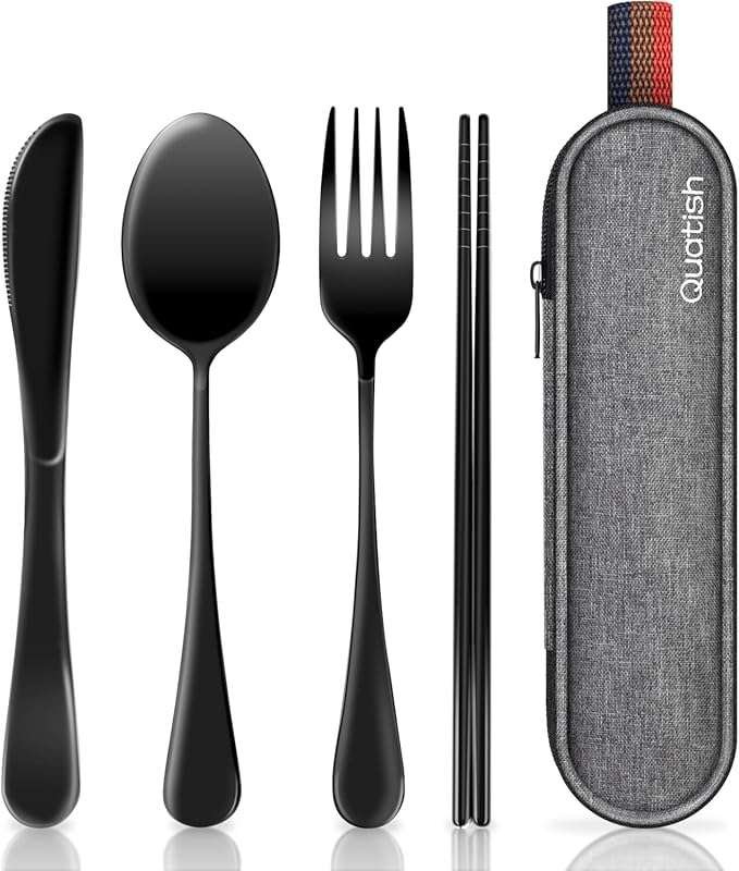 Quatish Portable Stainless Steel Travel Utensils with Case for Work, C