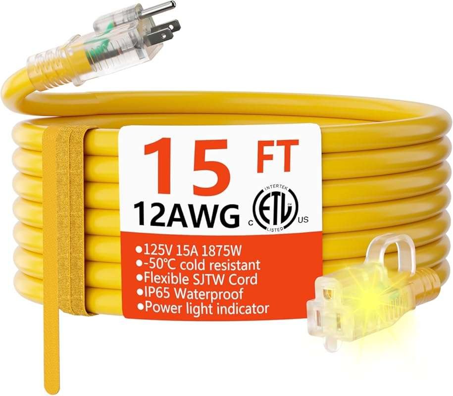 HUANCHAIN 15ft 12/3 Gauge Heavy Duty Outdoor Extension Cord, Waterproo