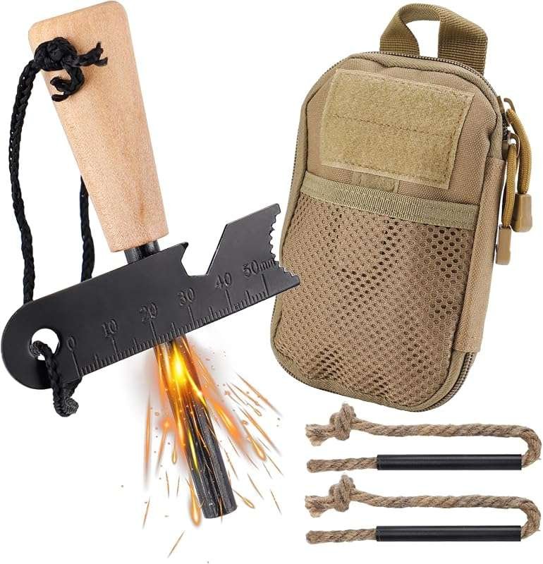 Survival Fire Starter Kit: Magnesium Rod, Steel Striker, 2 Hemp Ropes 