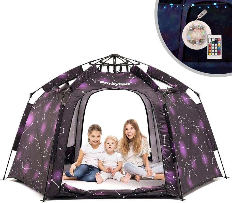 Portable Hexagon Kids Play Tent with LED Lights - Large Indoor Childre