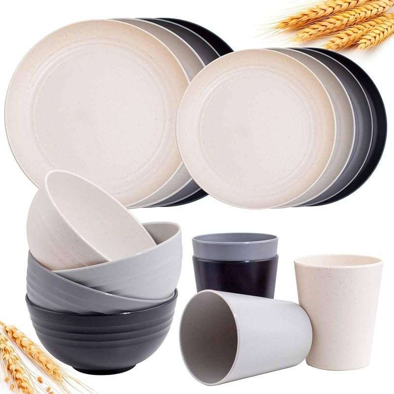 Rubtlamp 16-Piece Wheat Straw Dinnerware Set for 4 - Unbreakable Plast