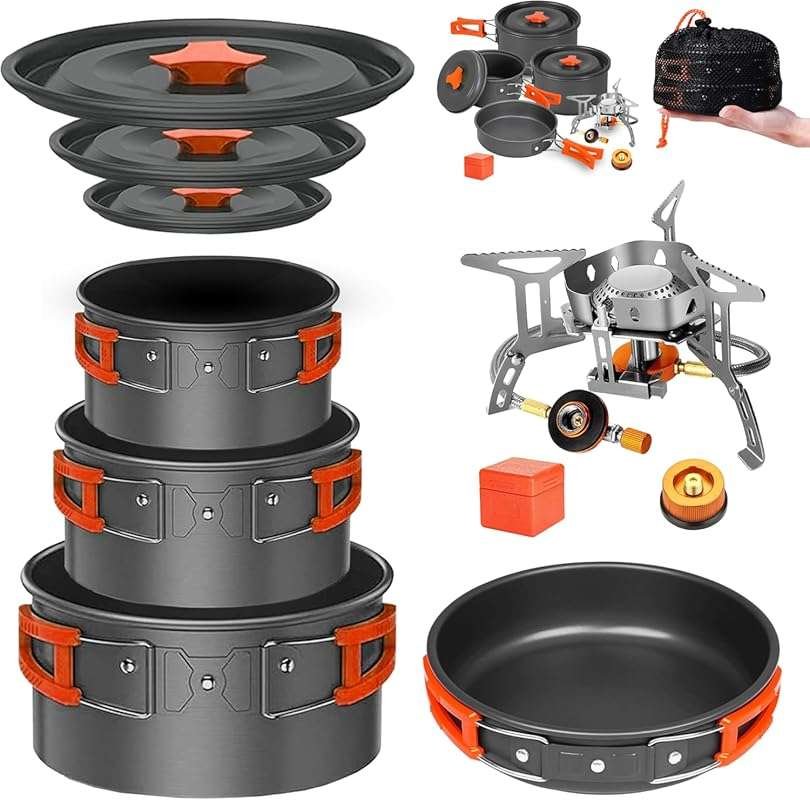 All-in-One Camping Cookware Mess Kit with Non-Stick Pots, Pans, & Port