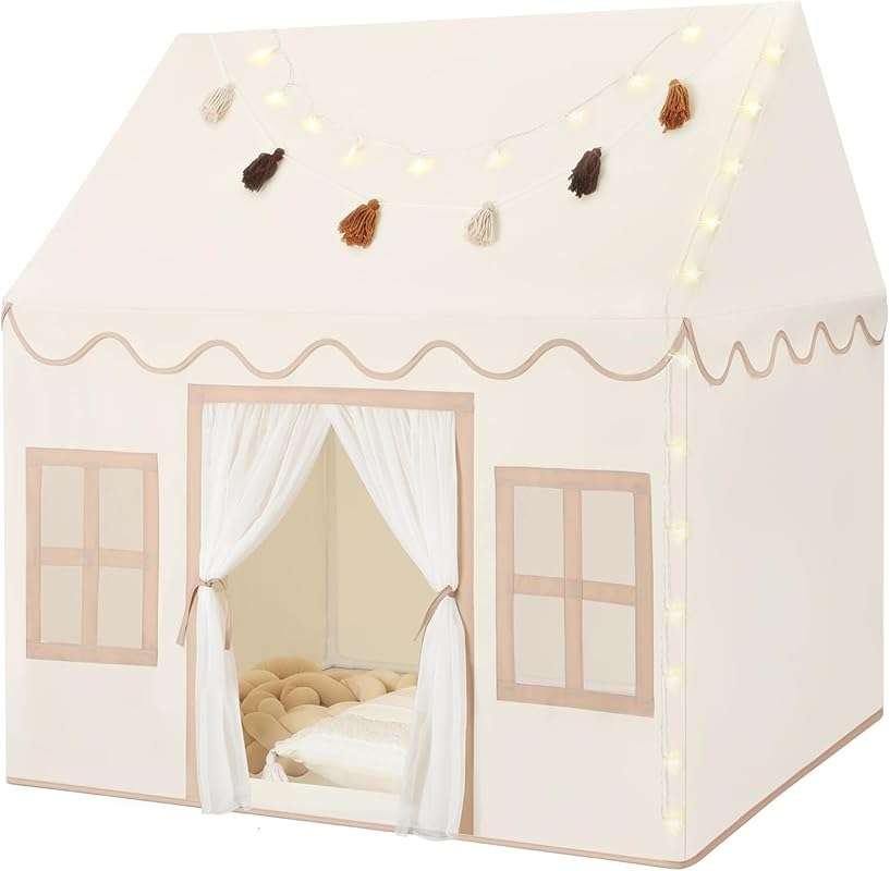 Kids Play Tent with Mat, Tassels, and Star Lights - Indoor Playhouse G