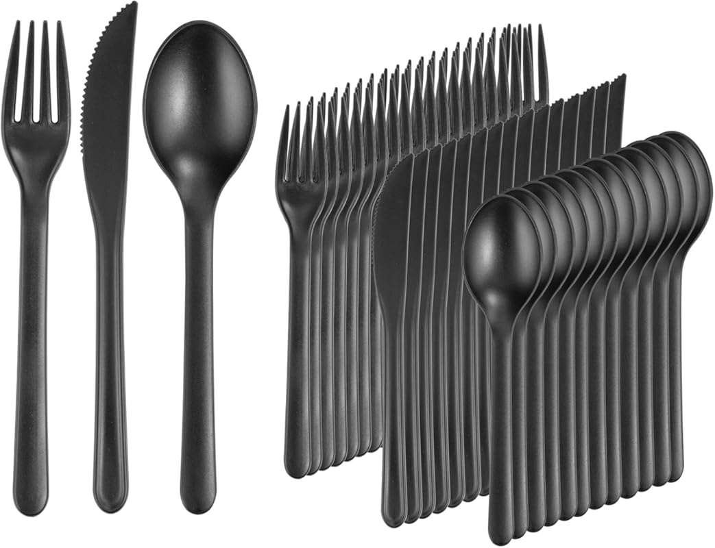 Supernal 180pc Heavy Duty Matt Black Wheat Straw Reusable Plastic Silv