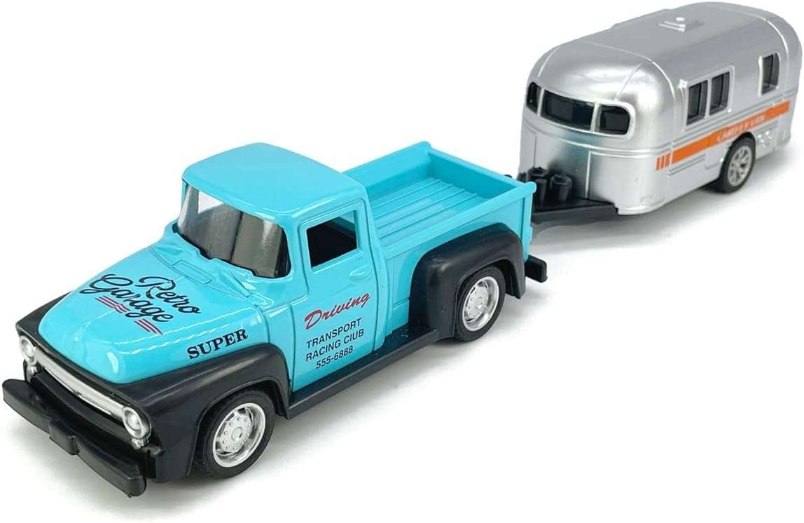 Vintage Blue Pickup Truck Toy with Towing Camper RV: Diecast Metal Pul