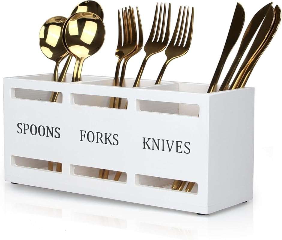 White Wooden Silverware Caddy: Small organizer for parties, storing sp