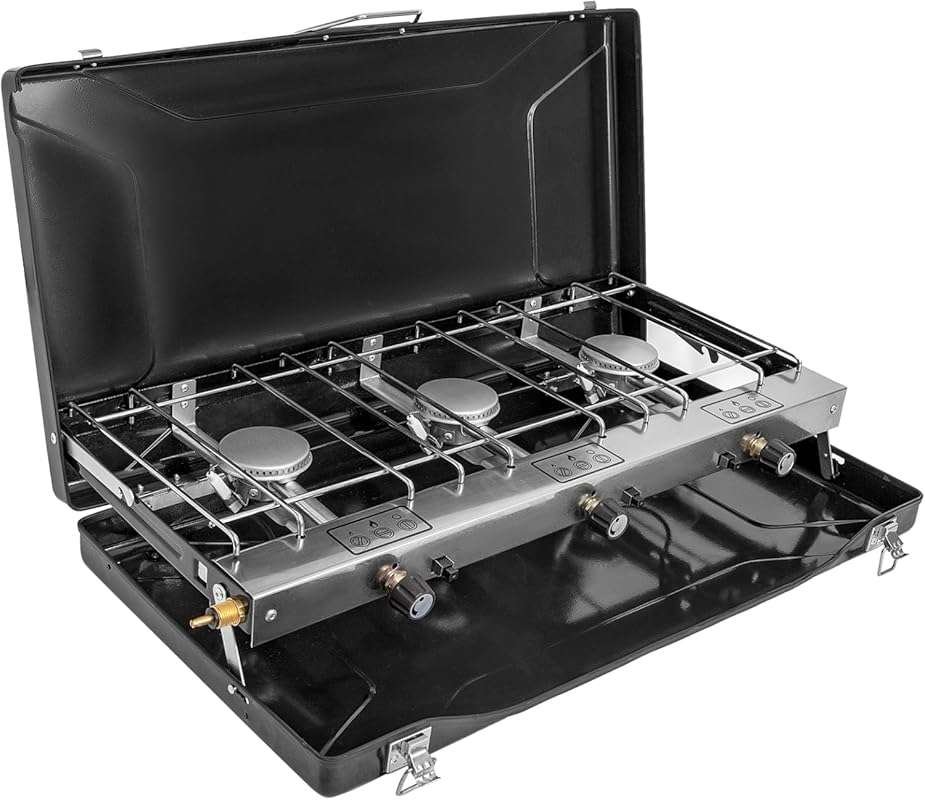 3-Burner Portable Propane Camp Stove with Regulator, Instant Ignition,