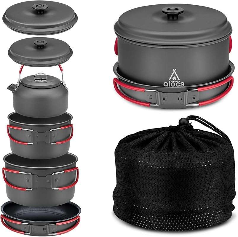 Alocs Compact Camping Cookware Set: Durable Hard Alumina Pots & Pans f