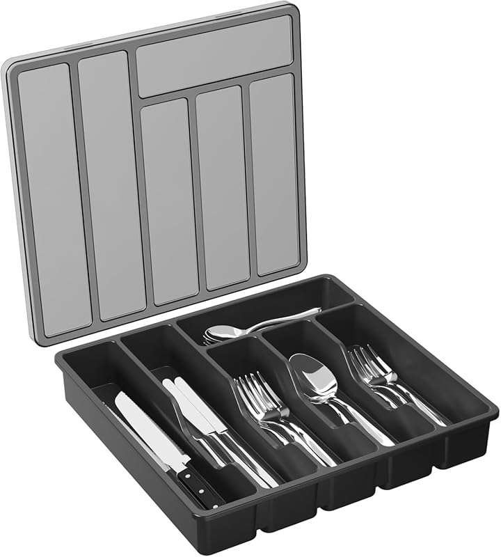 Lifewit Silverware Organizer with Lid, Covered Utensil Tray for Kitche
