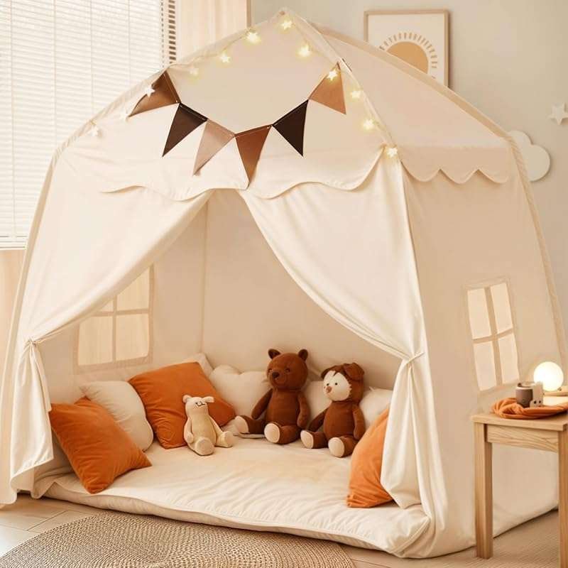 Extra Large Cream Teepee Tent with Star Lights & Flags for Kids