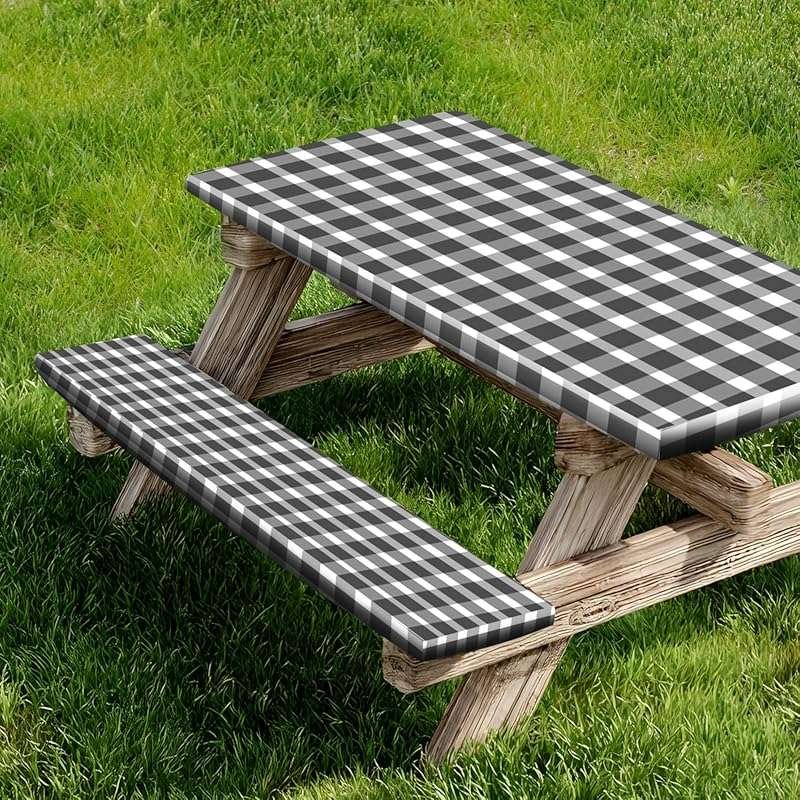 Black & White 3-Piece Fitted Picnic Table & Bench Covers (96x30 Inch).