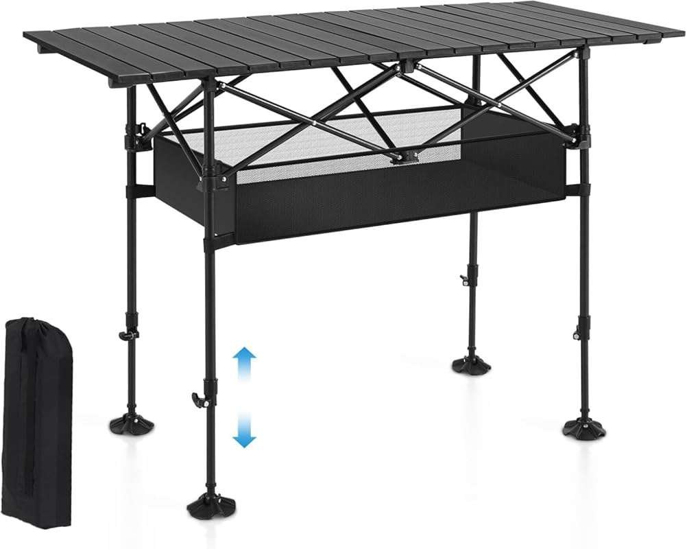 ALPHA CAMP Adjustable Height Folding Camping Table, Portable Roll-up A