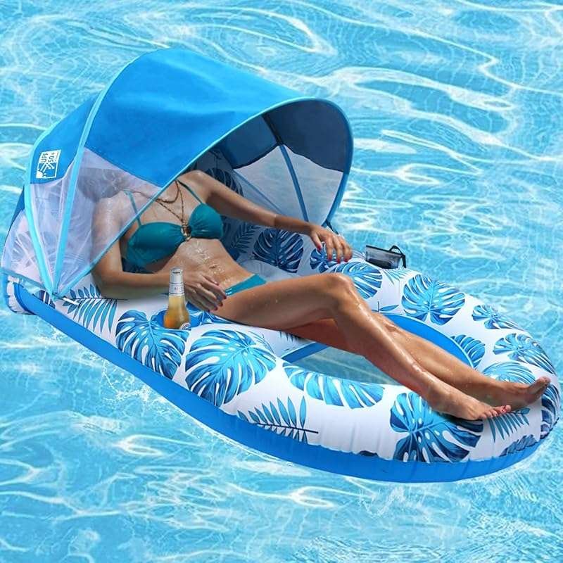 Extra Large Inflatable Pool Lounge Float with Canopy & Cup Holder for 