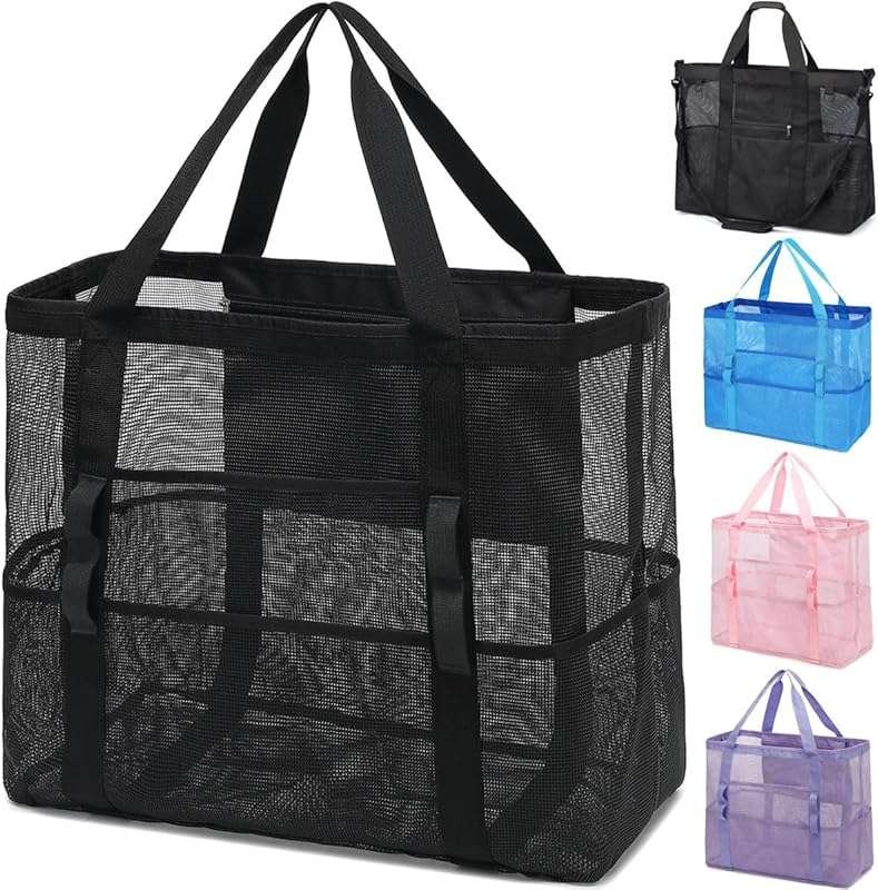 Large Mesh Beach Tote Bag with Zipper Pocket for Family Travel Vacatio