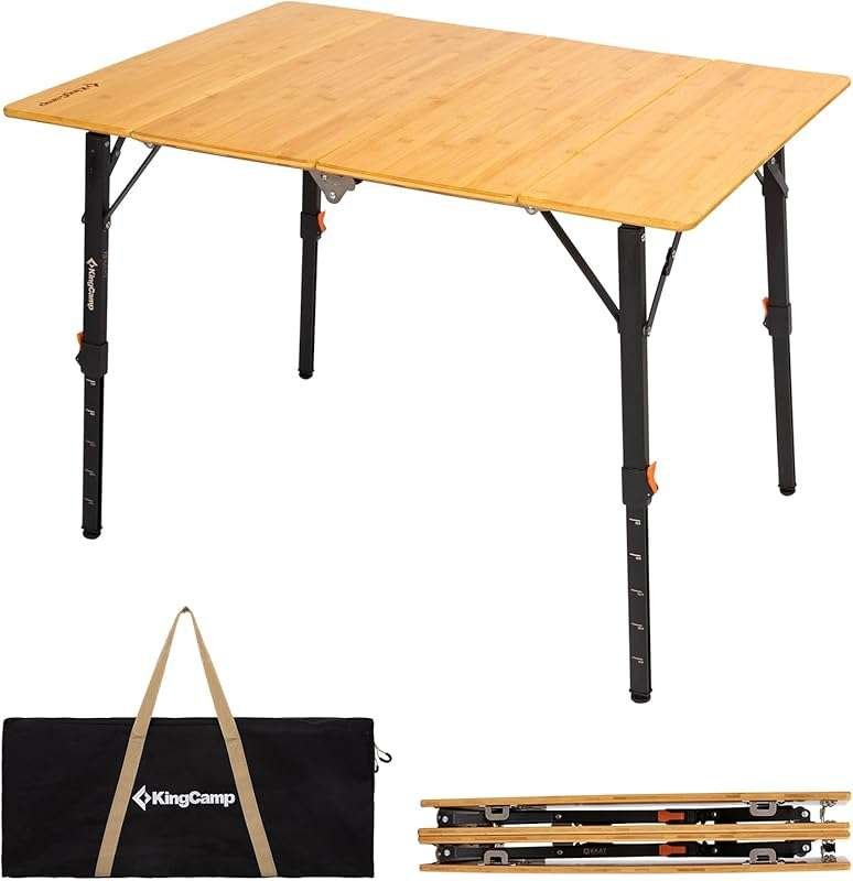 KingCamp Adjustable Height Folding Bamboo Camping Table: Portable, Lig