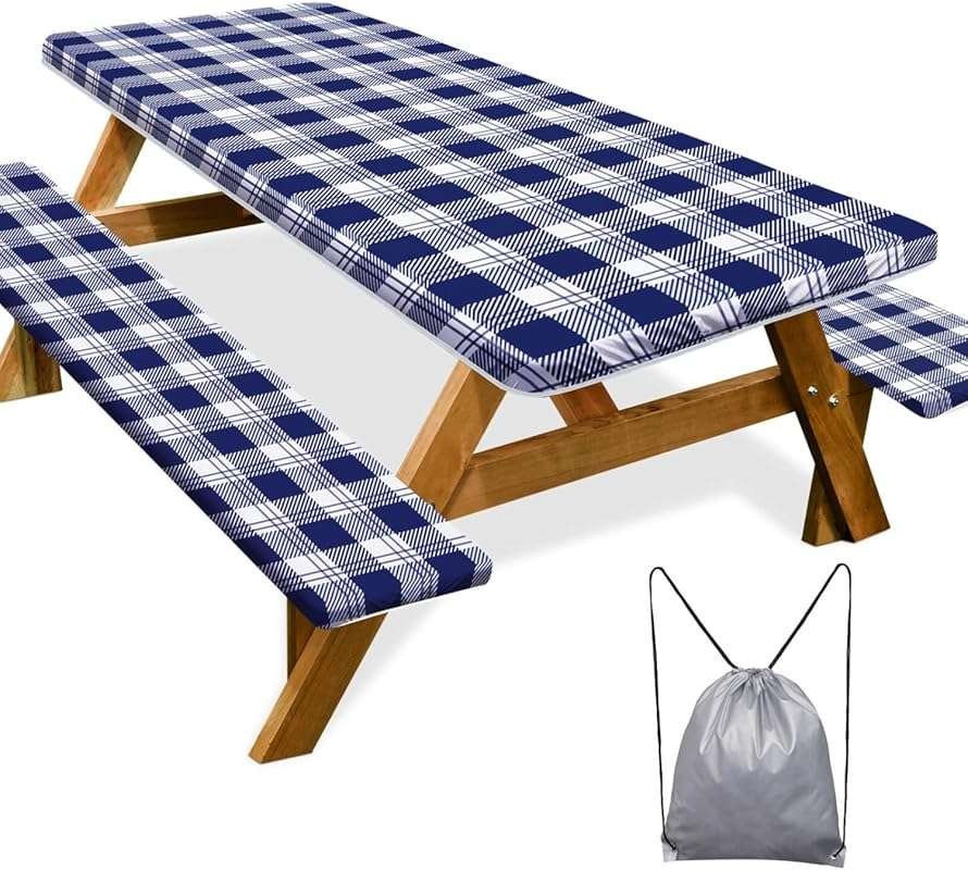 Blue Checkered Fitted Picnic Table & Bench Covers (72 Inch). Waterproo