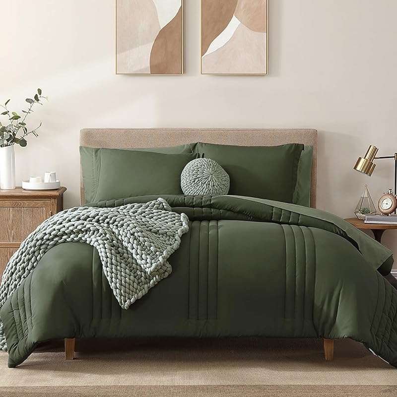 Monbix Queen Comforter Set 7 Pieces Olive Green Bed in a Bag