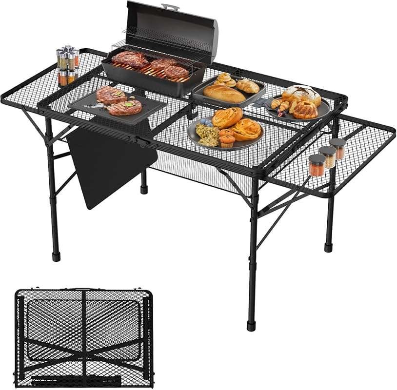3x2 FT Folding Camping Table with 2 Wing Panels & Mesh Desktop - Adjus
