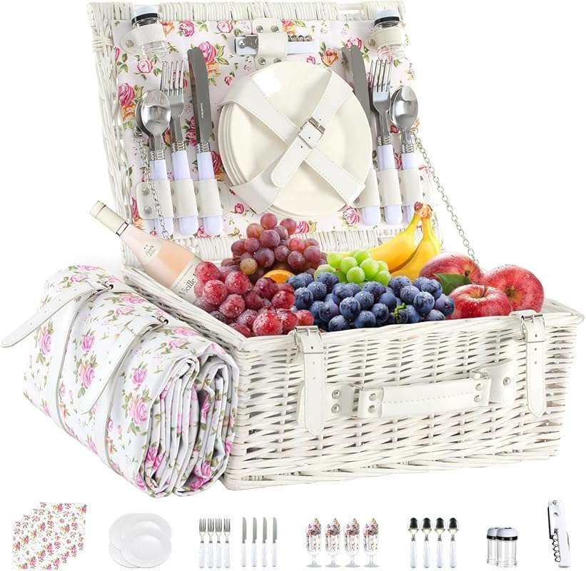 Large Wicker Picnic Basket Set for 4 with Insulated Cooler & Waterproo