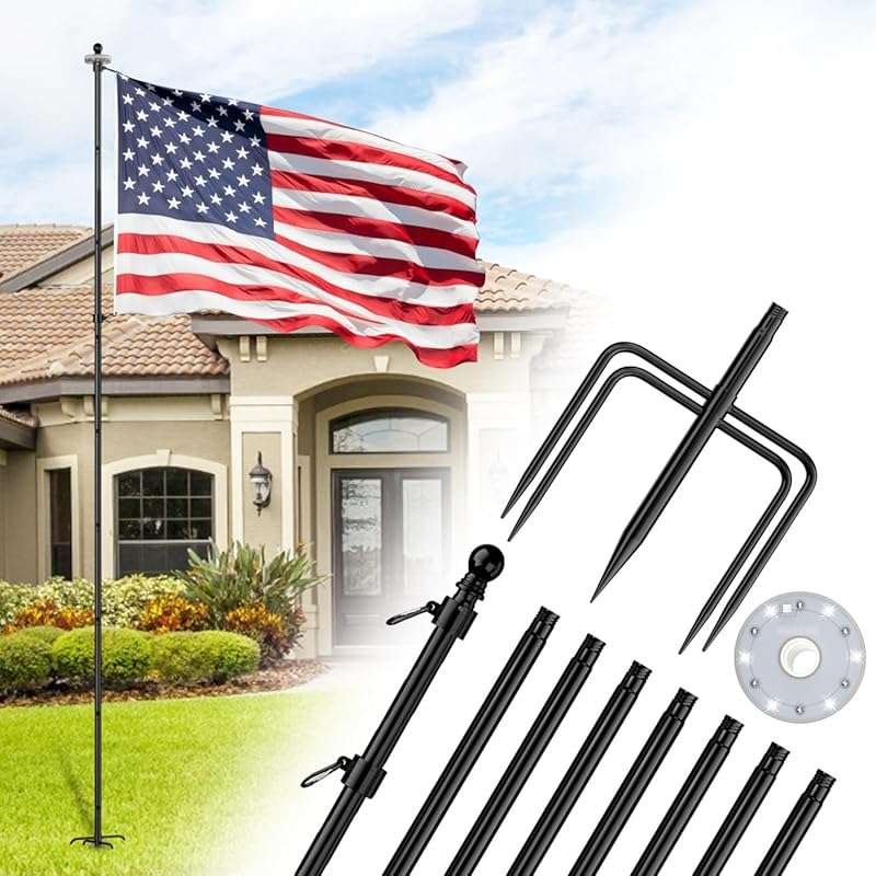 ZMTECH 10 FT In-Ground Flag Pole Kit with Solar Light and 5 Prong Base