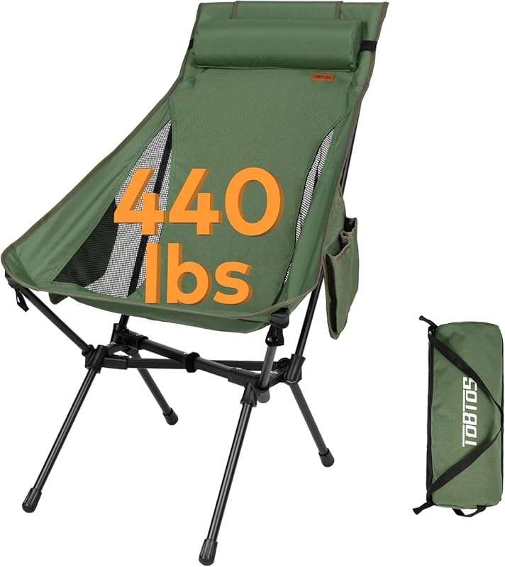 TOBTOS Portable High Back Camping Chair: Ultralight, Head Support, 440