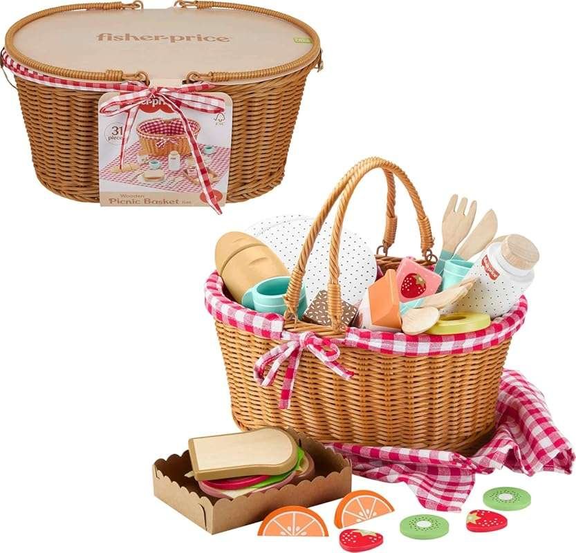 Fisher-Price Wood Picnic Basket: 31-Piece Pretend Play Food Playset fo
