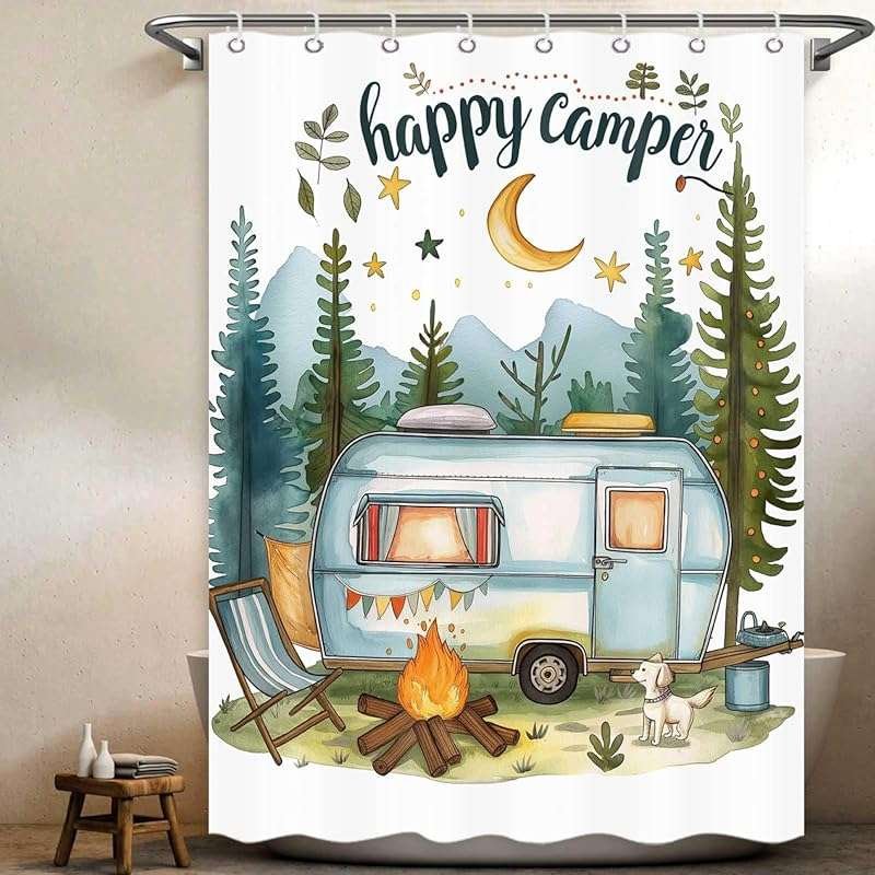 Happy Camper Rustic Mountain Adventure RV Shower Curtain Set, Travel T