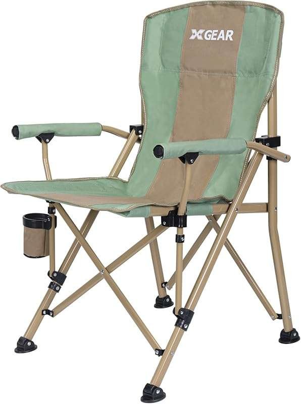XGEAR Heavy Duty Camping Chair, High Back Lawn Chair with Cup Holder &