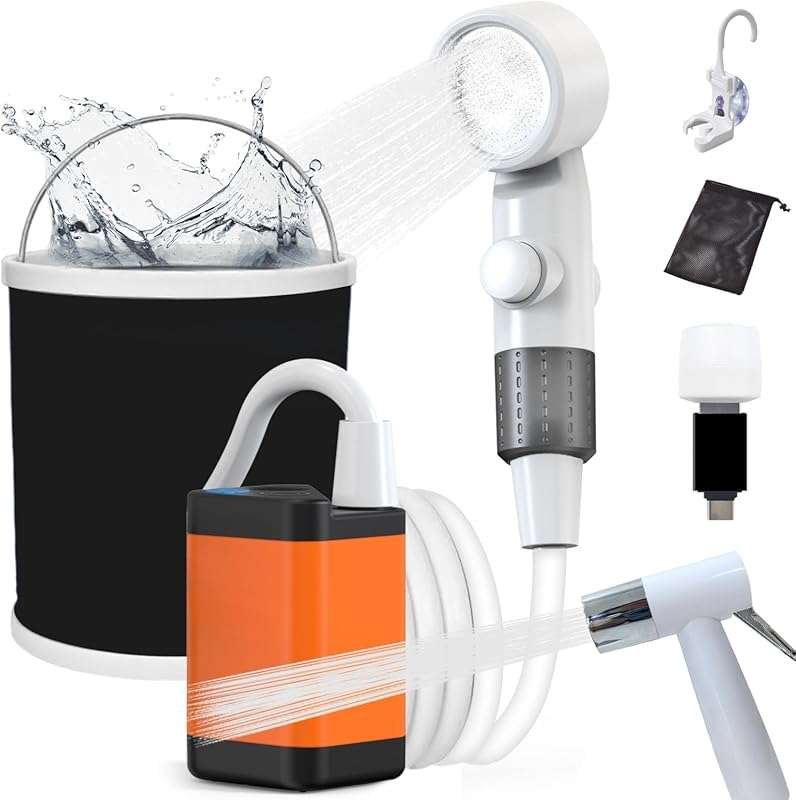 Portable Camping Shower with Rechargeable Electric Pump, Reverse Charg