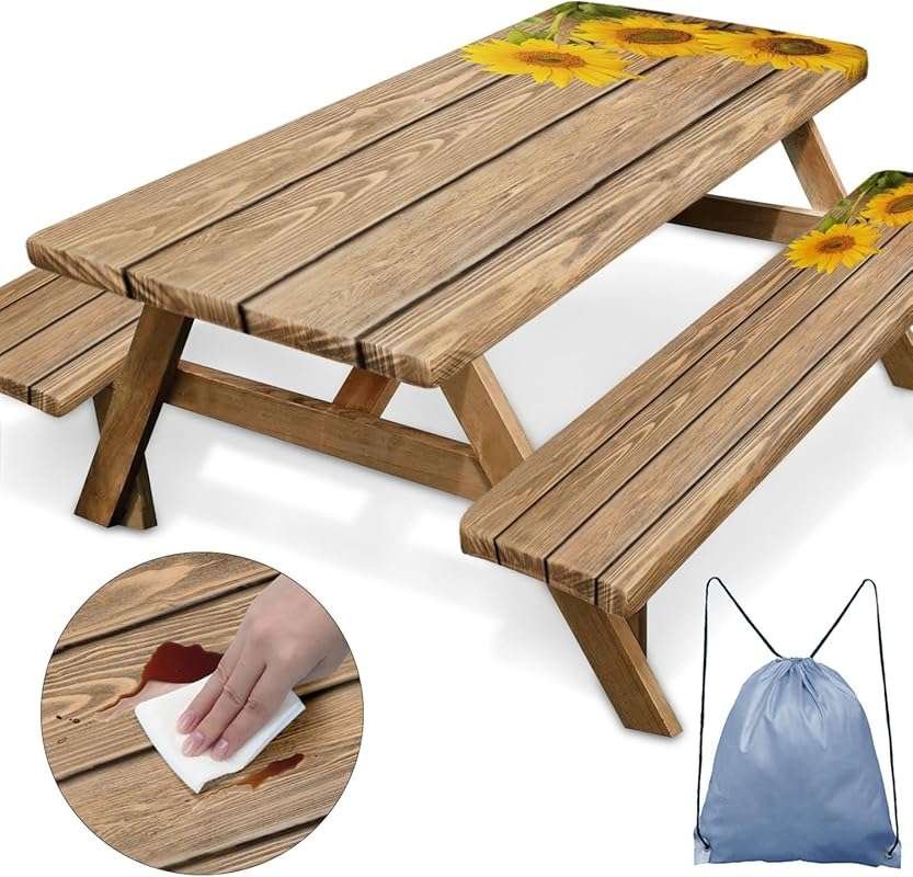 Sunflower Wooden Picnic Table & Bench Covers, Rustic Floral Farmhouse